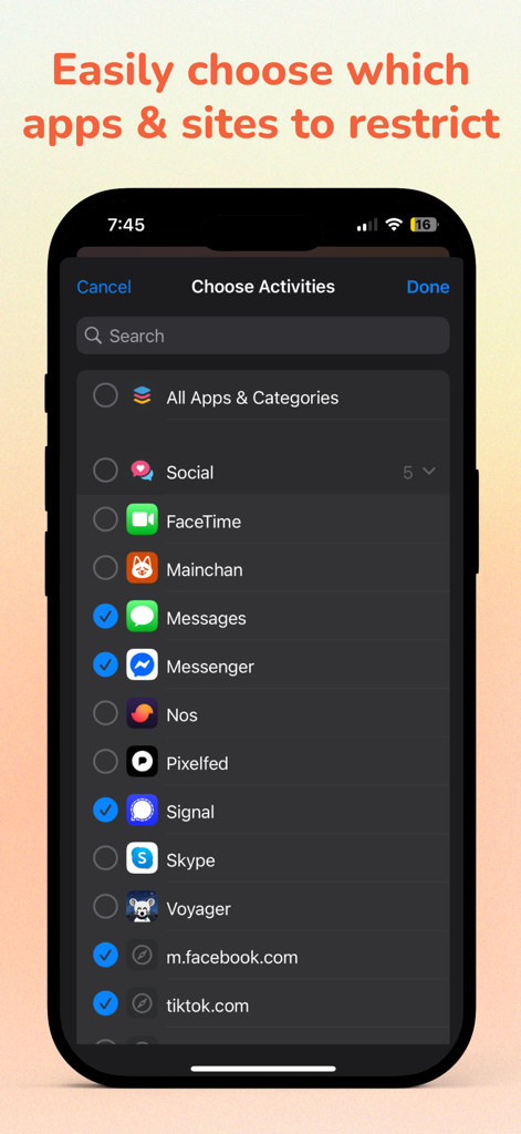 Run For Fun: Screen Time Focus - Interfaz para seleccionar aplicaciones y sitios web de redes sociales para restringir.