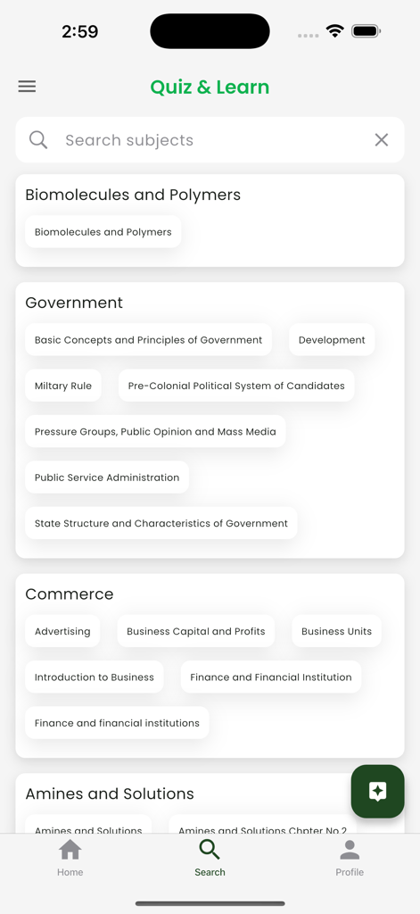 Quiz & Learn - Interfaz de la aplicación móvil Quiz and Learn que muestra una lista de materias académicas como Gobierno y Comercio para estudiar