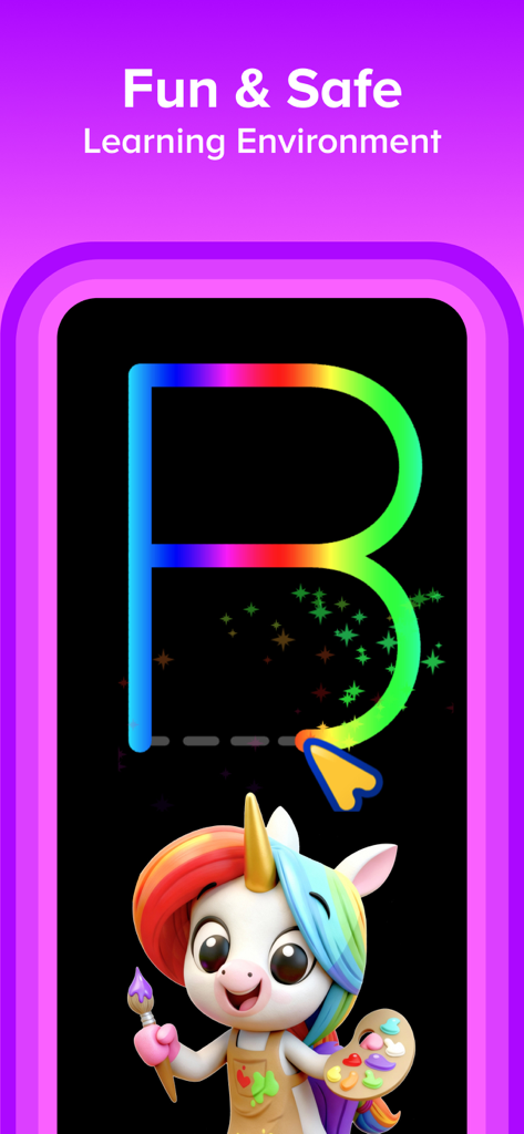 ABCmouse: Kids Learning Games - Juego de aprendizaje de ABCmouse que muestra una letra B arcoíris siendo trazada con un personaje de unicornio que sostiene herramientas de arte