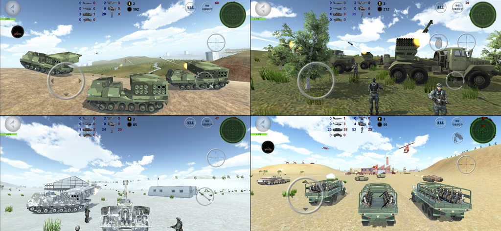 Battle 3D - Strategy game - A collage of four gameplay screenshots showing various military units and environments in Battle 3D Strategy game.