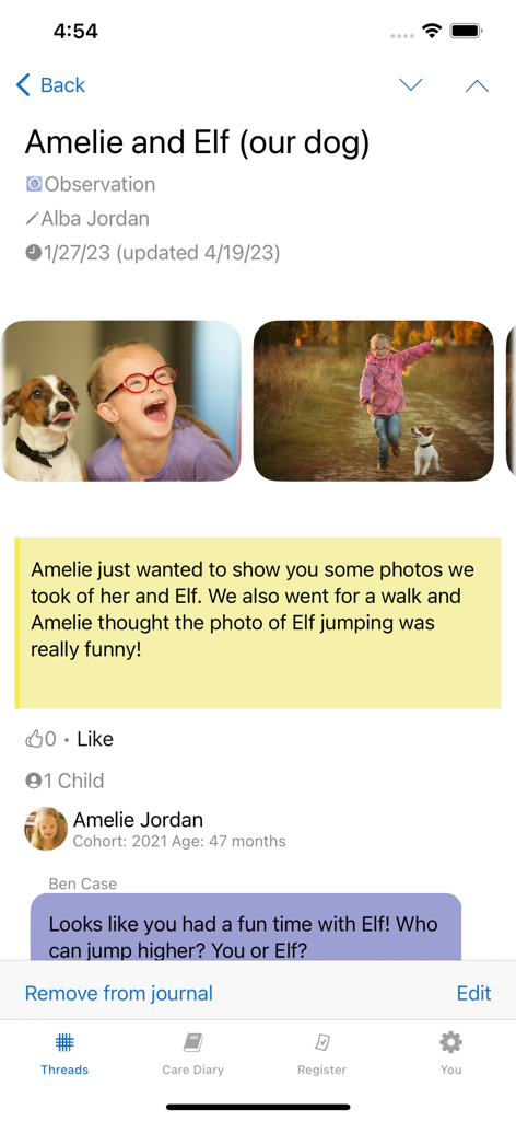 Tapestry Journal app screen showing an observation entry with photos of a child and her dog plus educator comments.