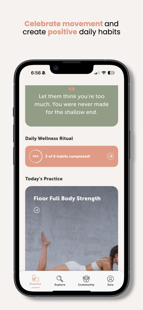 SATI studio - SATI studio app dashboard showing daily wellness rituals and full body strength workout
