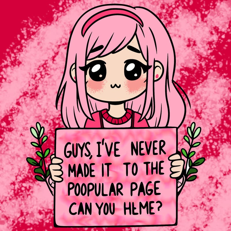 a girl holding up a sign that says, guys, i’ve never made it to the popular page, can you help me?