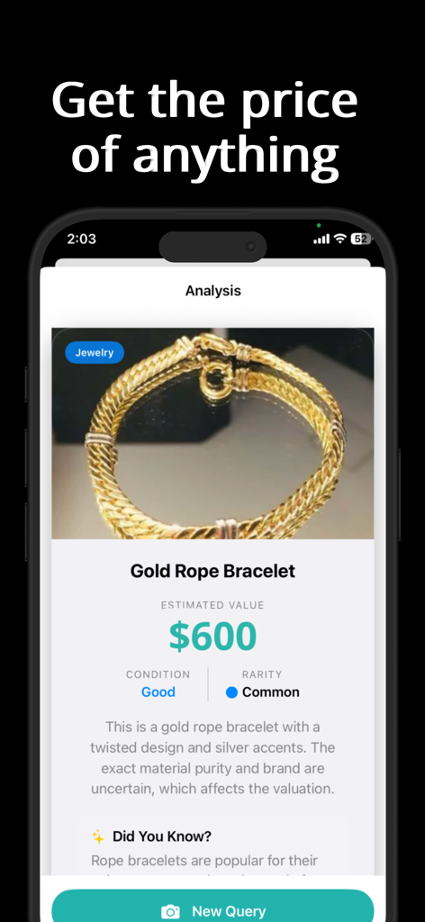 How Much Is It Worth - The How Much Is It Worth app interface showing an AI price estimate for a gold rope bracelet.