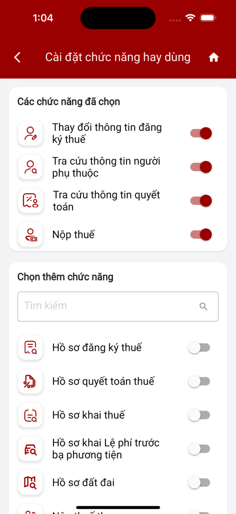 토글 스위치가 있는 자주 사용하는 기능 관리를 위한 eTax Mobile 앱 설정 인터페이스 스크린샷
