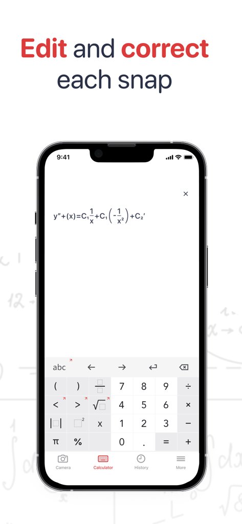 Math Problem Solver app - Smartphone interface showing a math equation being edited with a specialized calculator keyboard