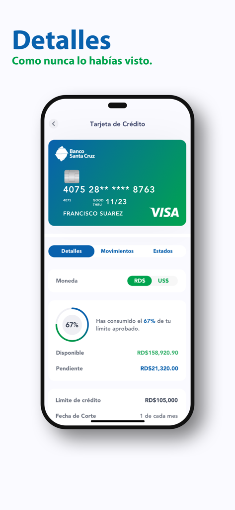 App BSC - Mobile app screen showing credit card details, balance, and credit limit in Dominican pesos for Banco Santa Cruz.