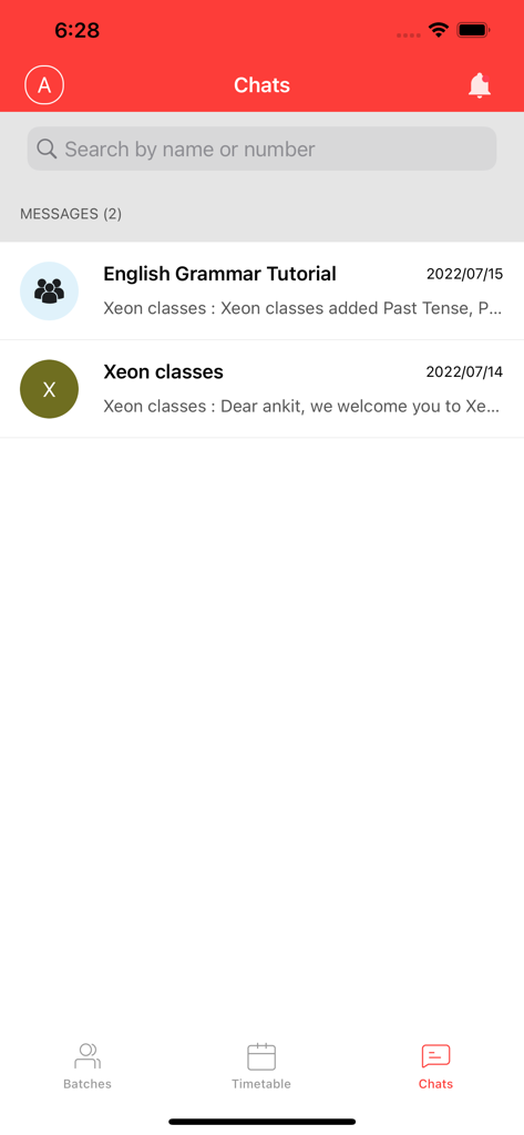 The chat interface of the MyInstitute app showing a list of message threads for tutoring classes.