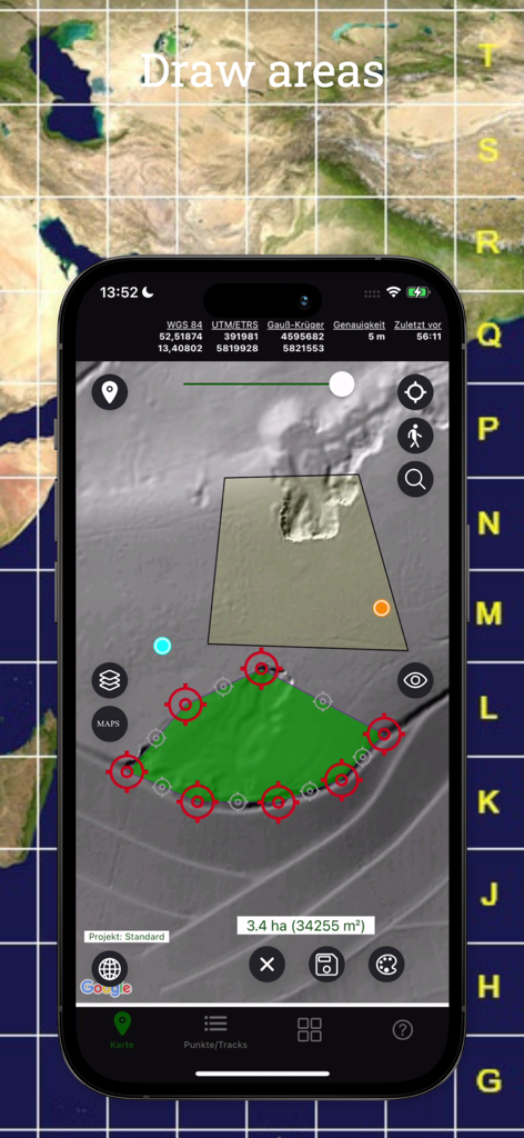 TopoRec - Map Viewer - Interface do aplicativo de mapa topográfico mostrando medição de área e ferramentas de desenho de polígonos