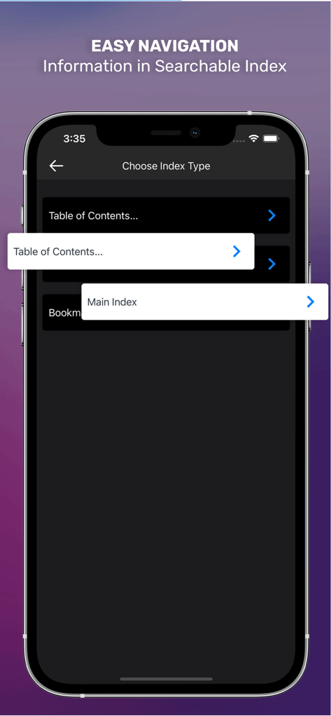 OB/GYN Peds Notes - Pantalla de índice de búsqueda dentro de la aplicación OB GYN Peds Notes para una navegación rápida a información médica clínica.
