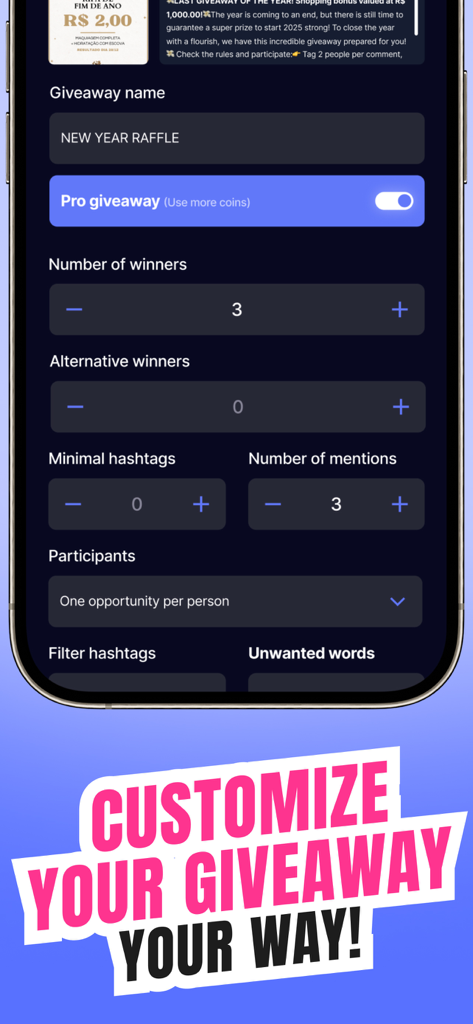 Interface of the app showing customization options for an Instagram giveaway including number of winners and mention filters
