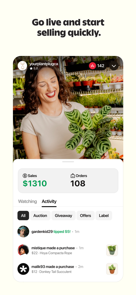 Whatnot app interface showing a seller live streaming plants with sales and order statistics