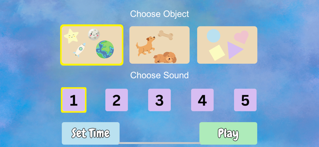 Baby Sensory Activities & Game - Settings screen for choosing objects and sounds in a baby sensory app.