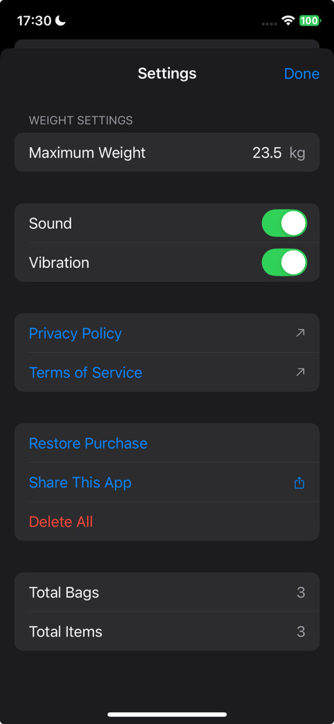 Bagga Calc settings screen with weight limit configuration and bag statistics
