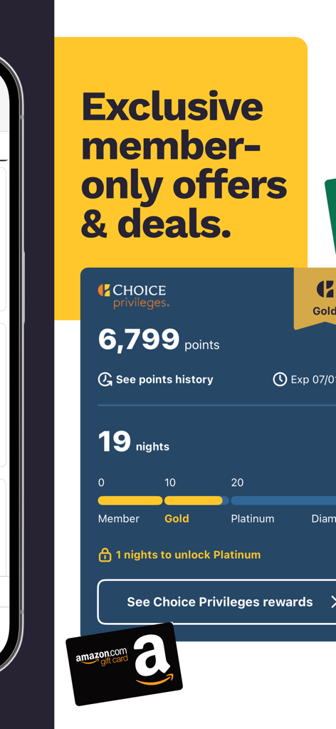 초이스 프레빌리지 로열티 리워드 포인트와 회원 전용 딜을 보여주는 초이스 호텔 앱 화면