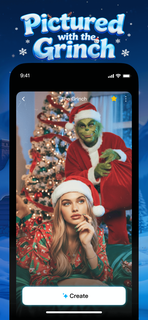 Faceplay app interface showing a festive photo template titled Pictured with the Grinch