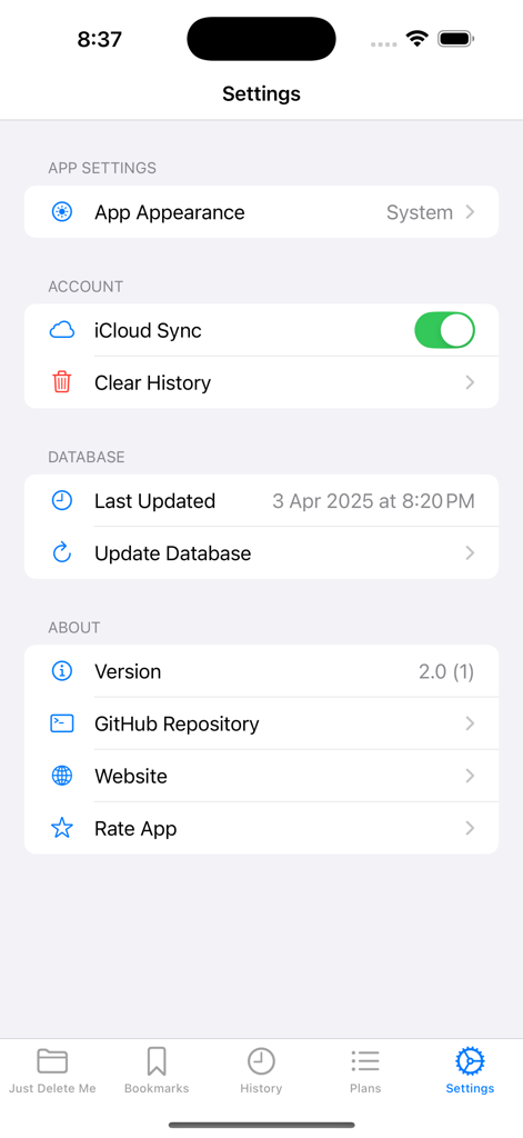 Settings menu of the Just Delete Me app showing iCloud sync database updates and version details