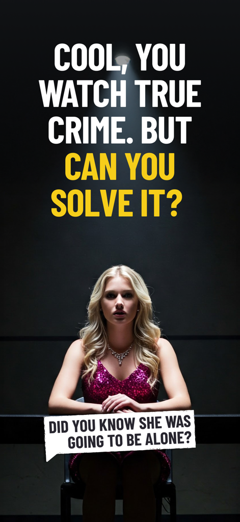 Solve:Crime & Murder Detective - A blonde woman in a pink dress sitting in an interrogation room for a true crime mystery game
