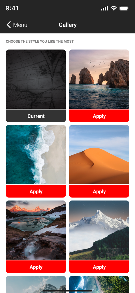 A gallery of scenic landscape backgrounds and themes for the compass and GPS app