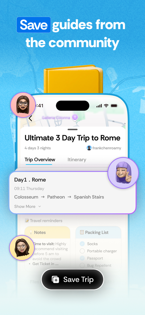 Roamy app interface showing a 3-day travel itinerary for Rome shared by the community with a save trip button