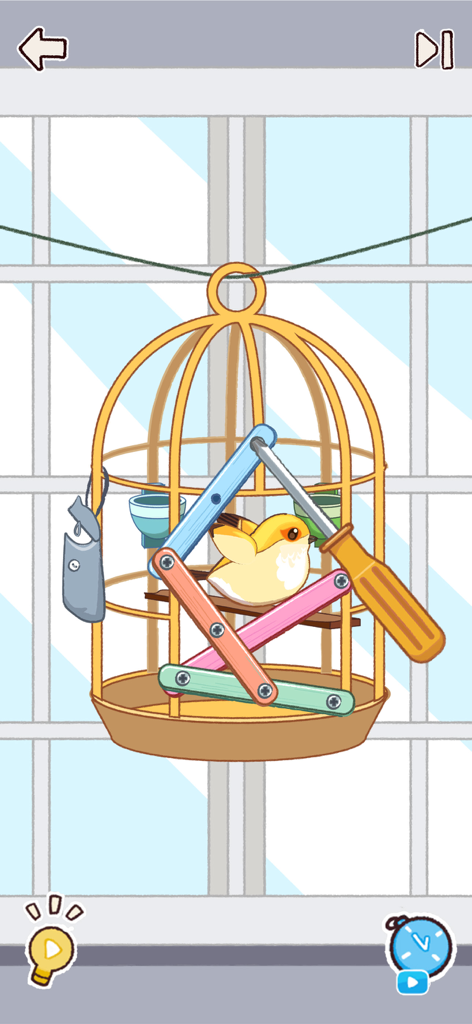 Satisroom: Perfectly Organized - Un reconfortante nivel de rompecabezas en Satisroom con un lindo pájaro amarillo dentro de una jaula con barrotes de colores y un destornillador