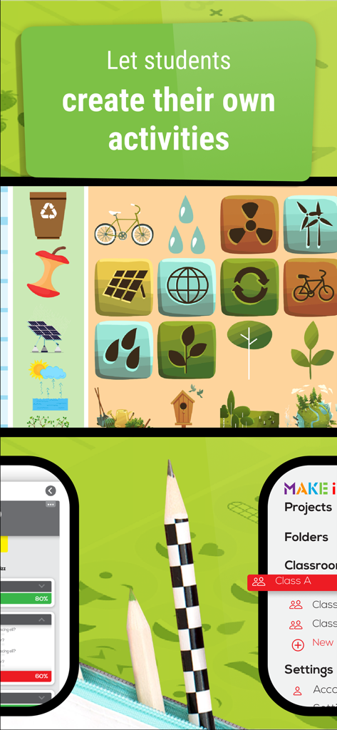Interface of the Make It app showing icons for game creation and a classroom progress tracker