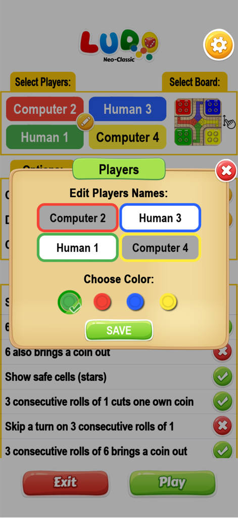 Ludo Neo-Classic - Settings screen of the Ludo Neo-Classic app featuring player name editing, color selection, and various customizable game rule toggles