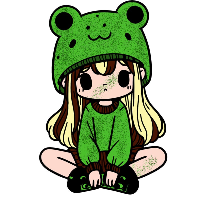 a girl wearing a frog hat and some frog socks