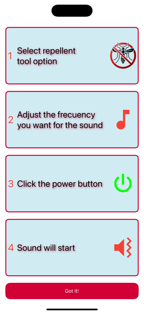 Anti Mosquito Repellent Sound - 4ステップのチュートリアル画面。ツールの選択、周波数の調整、蚊よけサウンドのアクティブ化方法を説明しています。