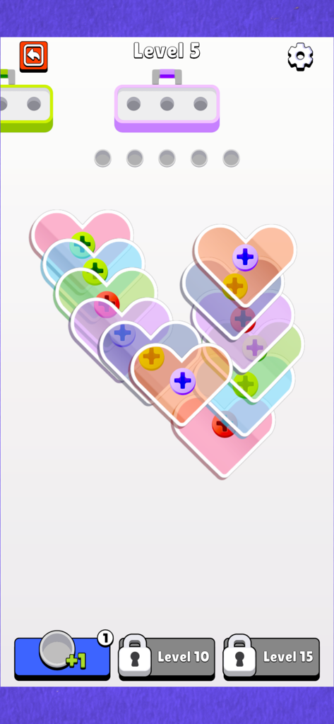 Screw Jam - Screw Jam gameplay showing colorful overlapping heart plates and matching screws to be sorted on level 5