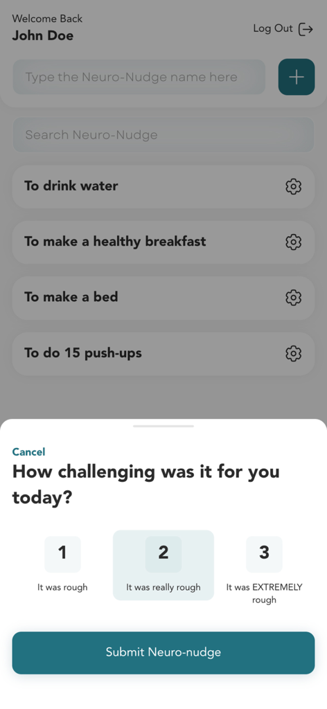 Neuro-Nudge - Interface do aplicativo Neuro-Nudge para rastrear e avaliar a dificuldade de tarefas de crescimento pessoal