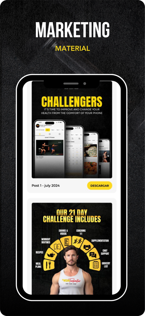 WEDO Transformations - Materiale di marketing dell'app WEDO Transformations che mostra una sfida fitness di 21 giorni con routine video e piani alimentari