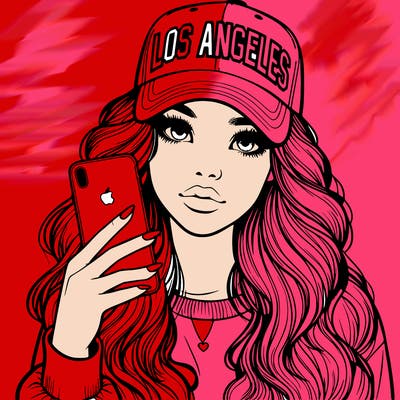 realistic beautiful girl wearing los ángeles cap holding an iphone