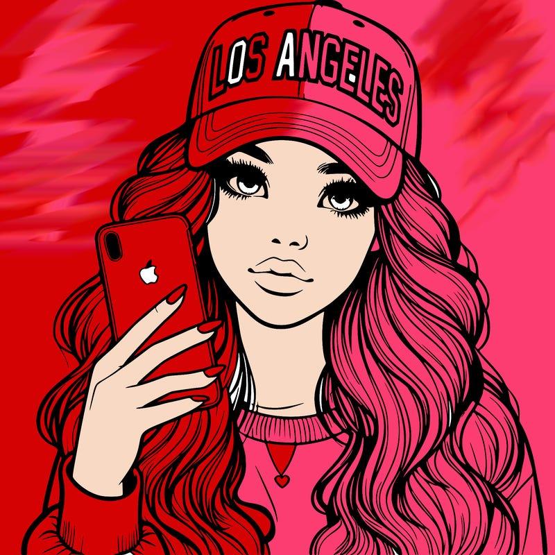 realistic beautiful girl wearing los ángeles cap holding an iphone