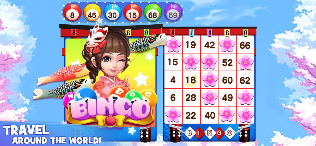 Bingo Lucky: Happy Bingo Games - A Japanese themed bingo game interface featuring cherry blossoms and a travel around the world theme.
