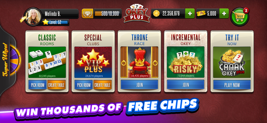 Okey Plus - Okey Plus main menu screen showing different game modes including Classic Rooms, VIP Clubs, and Throne Race with a banner for free chips.