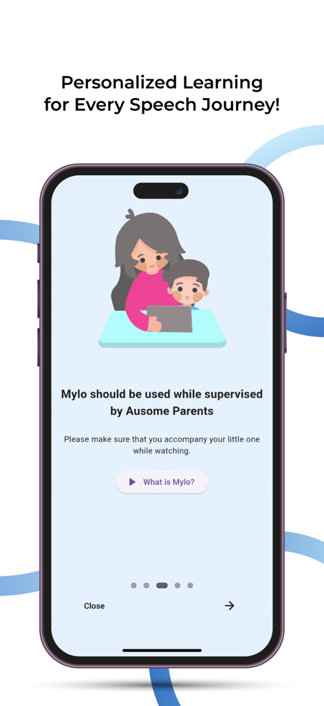 Mylo - Speech Therapy Support - Mylo app screen showing personalized speech therapy learning with an illustration of a parent and child using a tablet.