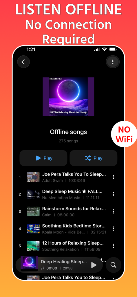 Offline Player: Music & MP3 - Interface of the Offline Player app showing a playlist of music available for playback without an internet connection