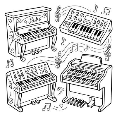 Dive into the wonderful world of music with this exciting keyboard instruments coloring page! Featuring pianos, organs, and synthesizers, it's perfect for young artists aged 4-8 to explore their creativity.