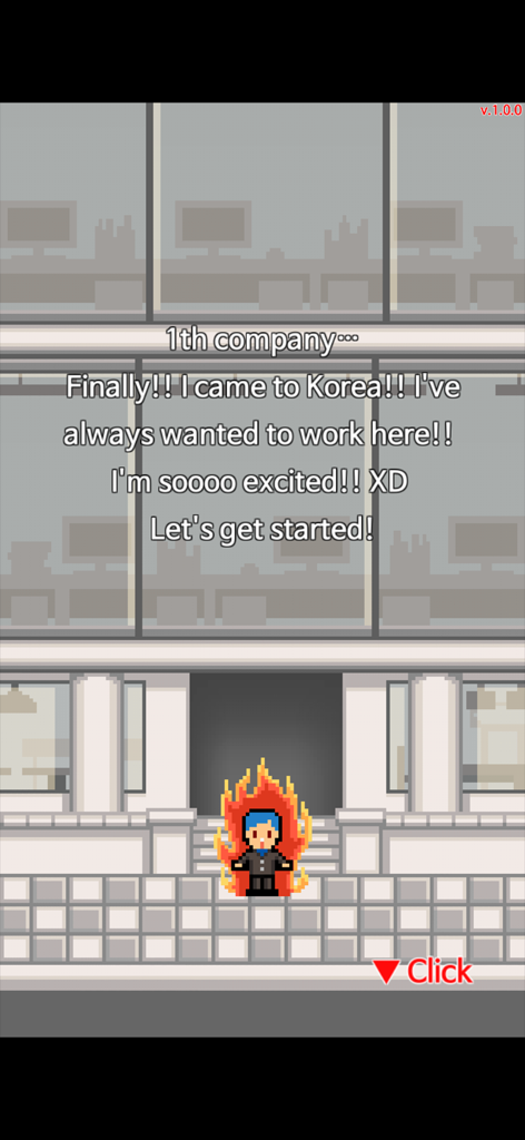 Don't get fired! - ドット絵のキャラクターがオフィスビルの前に立ち、韓国でのキャリアをスタートさせることに意欲的