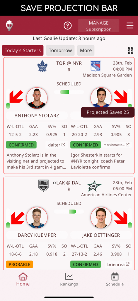 Dobber's Goalie Post - Screenshot of Dobber's Goalie Post app showing NHL starting goalies stats and save projection bars