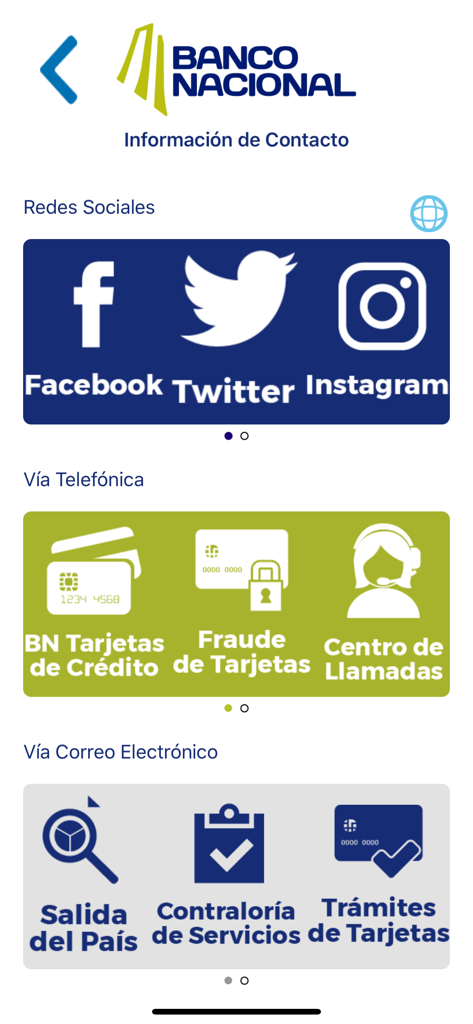 BN Más Cerca de Usted - Pantalla de información de contacto de la aplicación BN Más Cerca de Usted que muestra enlaces a redes sociales, líneas de atención telefónica y opciones de correo electrónico para servicios bancarios.