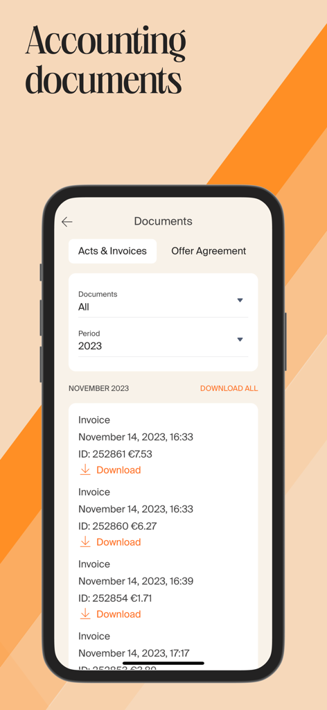 Mellow app screen showing the accounting documents interface with a list of downloadable invoices and acts for freelancers