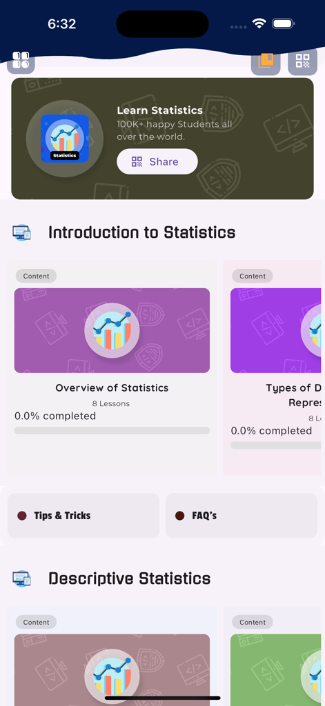 Learn Statistics [PRO] - Panel de la aplicación Learn Statistics PRO mostrando módulos de cursos introductorios y barras de progreso de lecciones