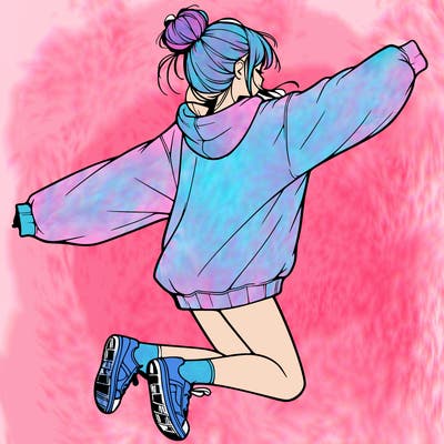 realistic girl jumping with a bun and oversized sweatshirt