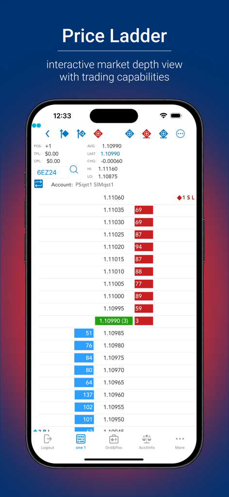 Interfaz de la aplicación QST Mobile que muestra la Escalera de Precios para la profundidad de mercado y el trading en tiempo real.