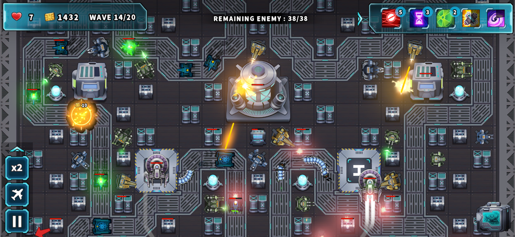 Tower Defense Rush - Top down view of a sci-fi tower defense game showing turrets defending a space base against waves of enemies