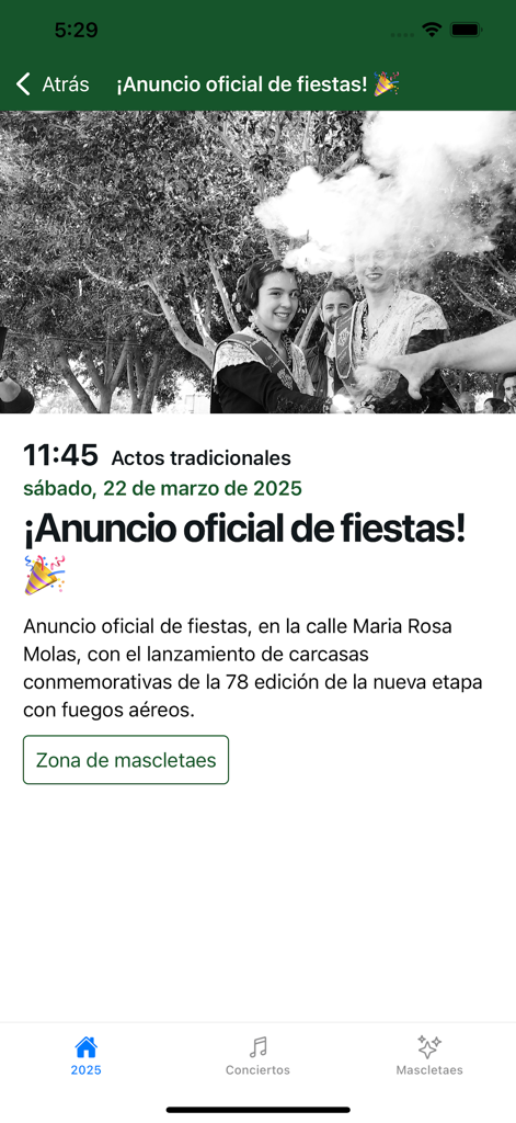 Magdalena 2026 - Event details screen in the Magdalena 2026 app showing the official festival announcement and traditional acts schedule