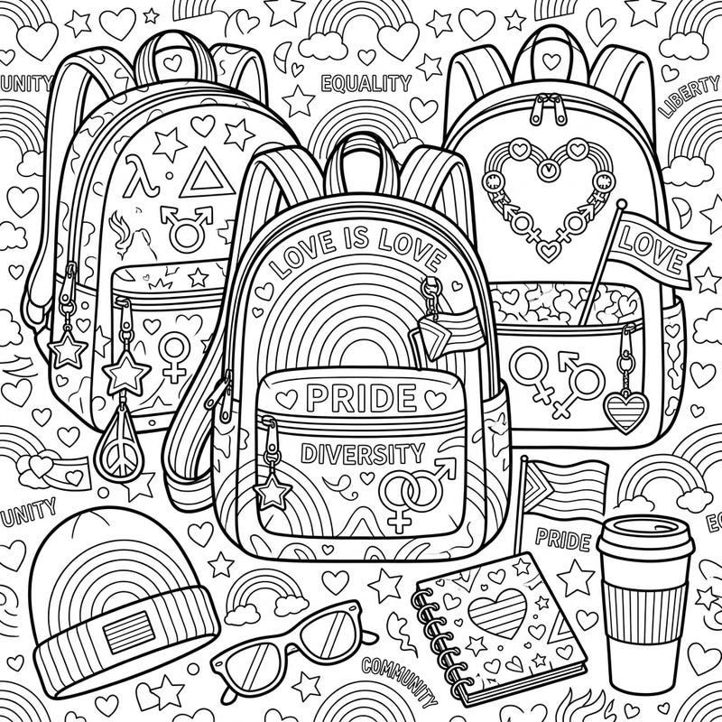 Dive into the spirit of Pride Month with this unique coloring page featuring stylish backpack purses adorned with symbols of love and equality. Perfect for celebrating diversity and expressing your creativity through color.