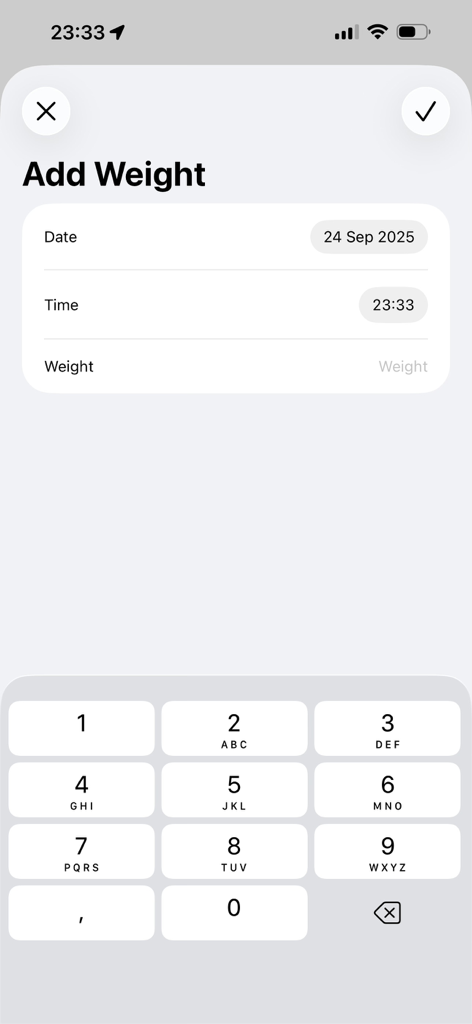 Screen to add weight entry with date and time in EasyWeight app